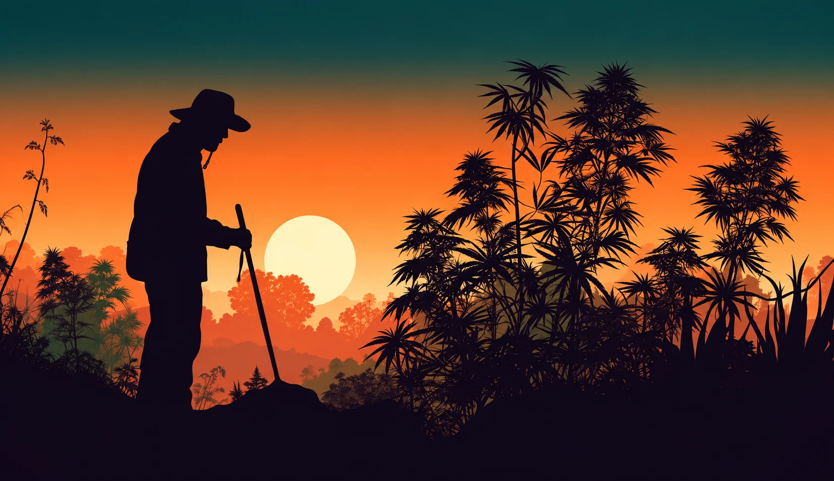 Illustration eines Gärtners mit Hacke zwischen Cannabispflanzen im orangefarbenen Sonnenuntergang
