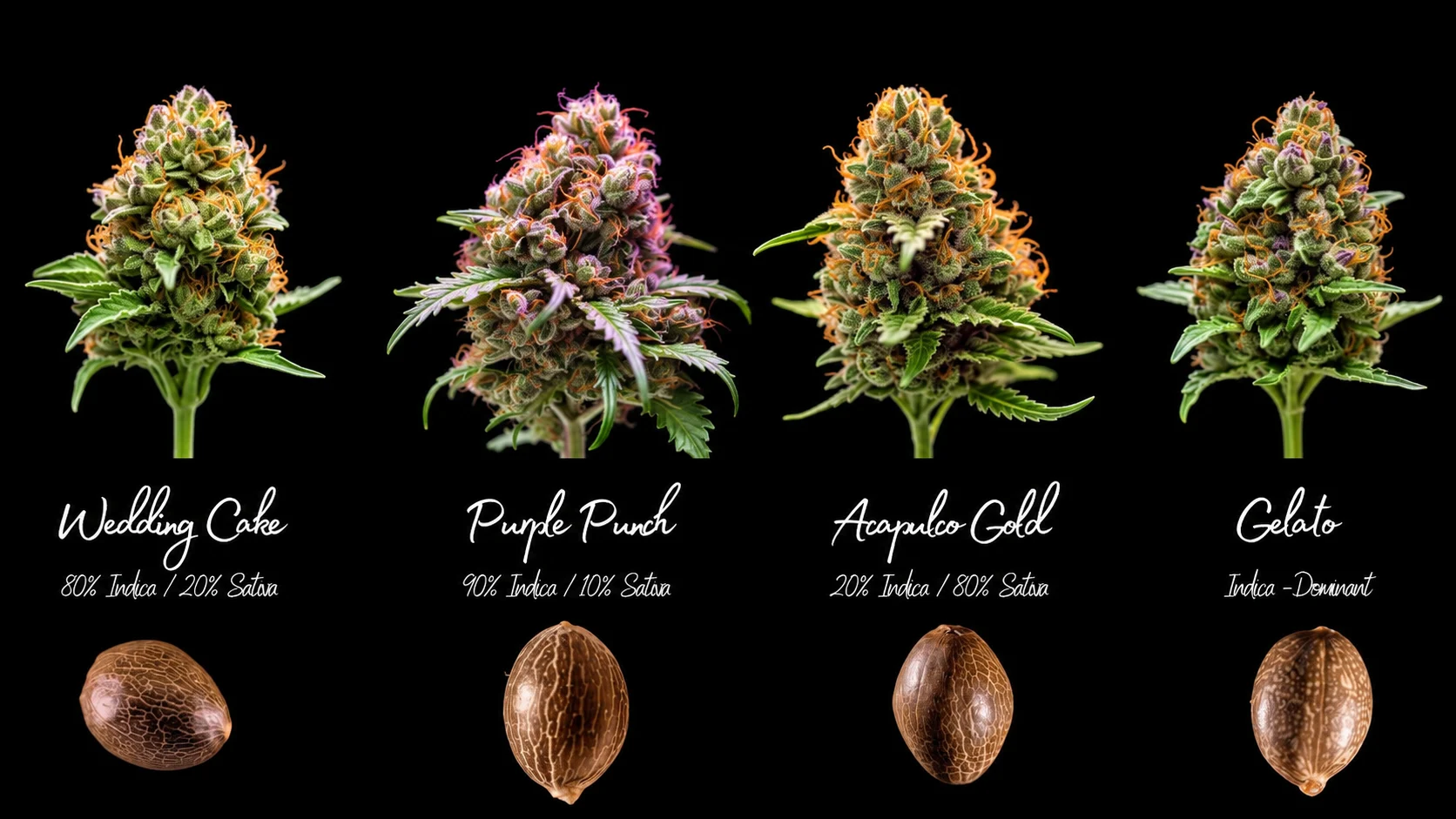 Blüten und Samen von Wedding Cake, Purple Punch, Acapulco Gold und Gelato auf schwarzem Hintergrund
